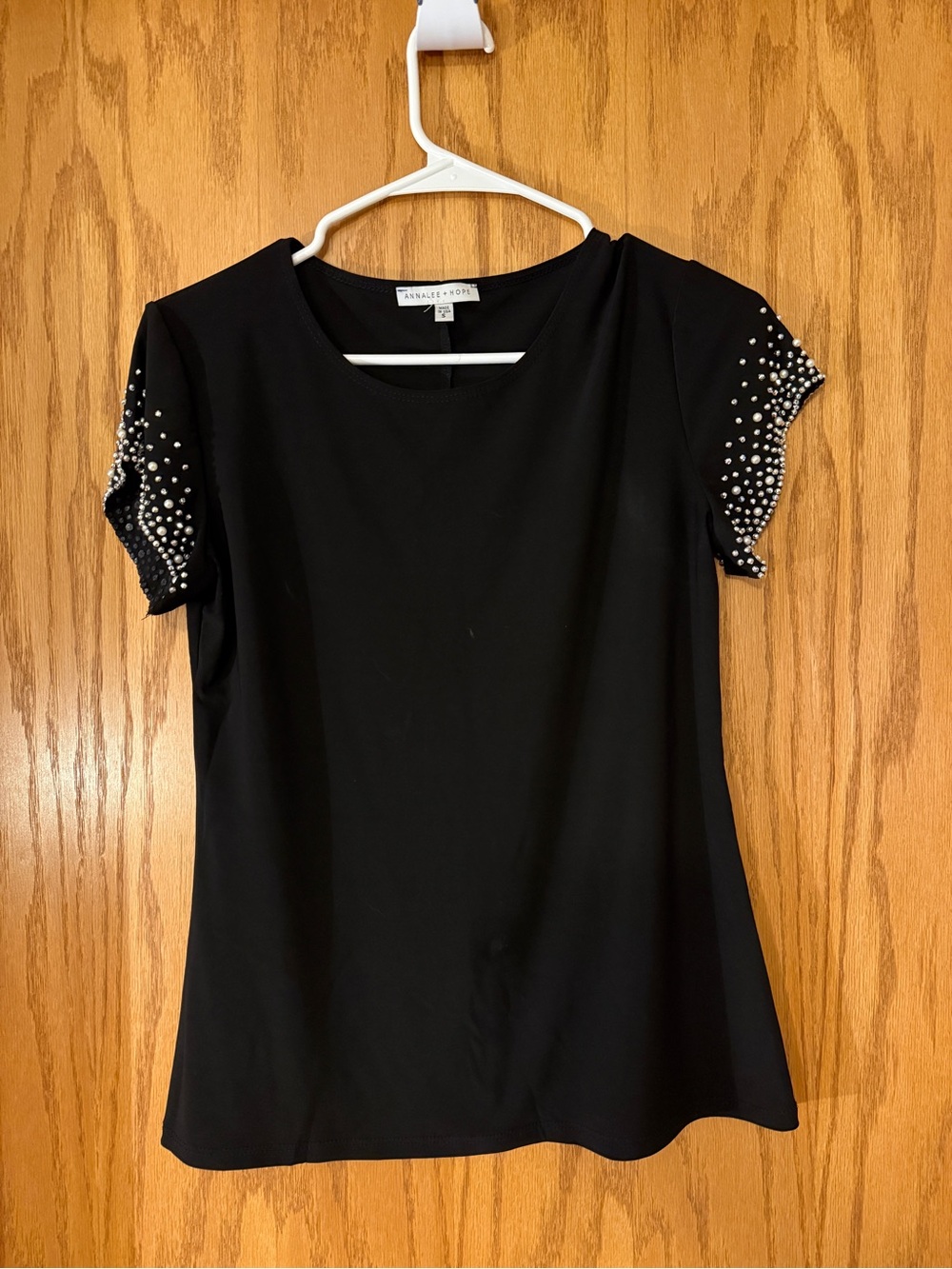 Annalee + Hope Black Short Sleeve Tee with Pearl-Studded Sleeves